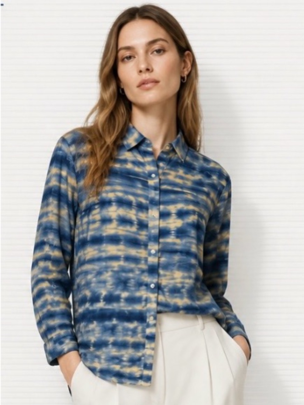 J MCLAUGHLIN Lois Shirt Blouse Button Tie Dye Blue Yellow Long Sleeve XS